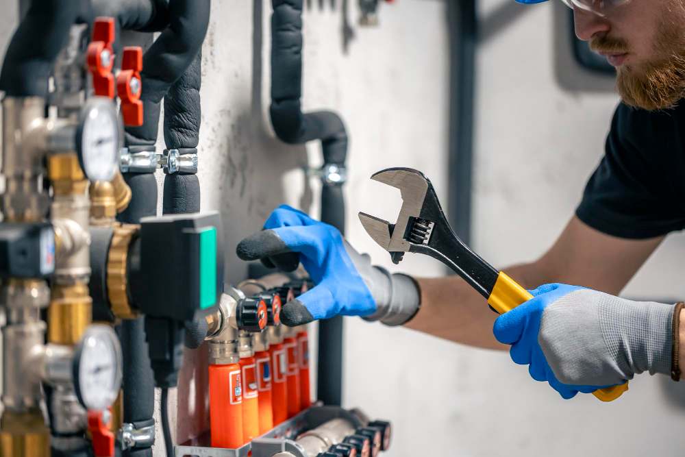 Technician tightening a valve on a pressurised water manifold with an adjustable wrench